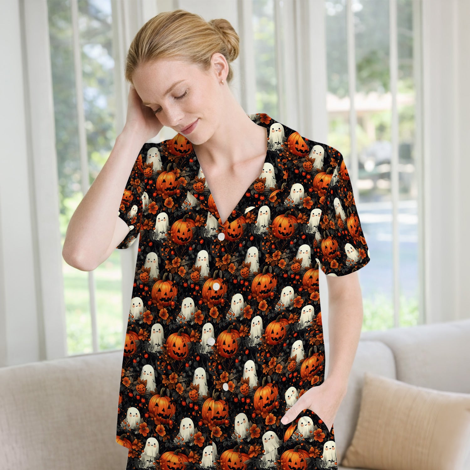 Spooky Halloween Ghost And Pumpkin Pattern Pajama Set, Soft Breathable Fabric Comfortable Sleepwear