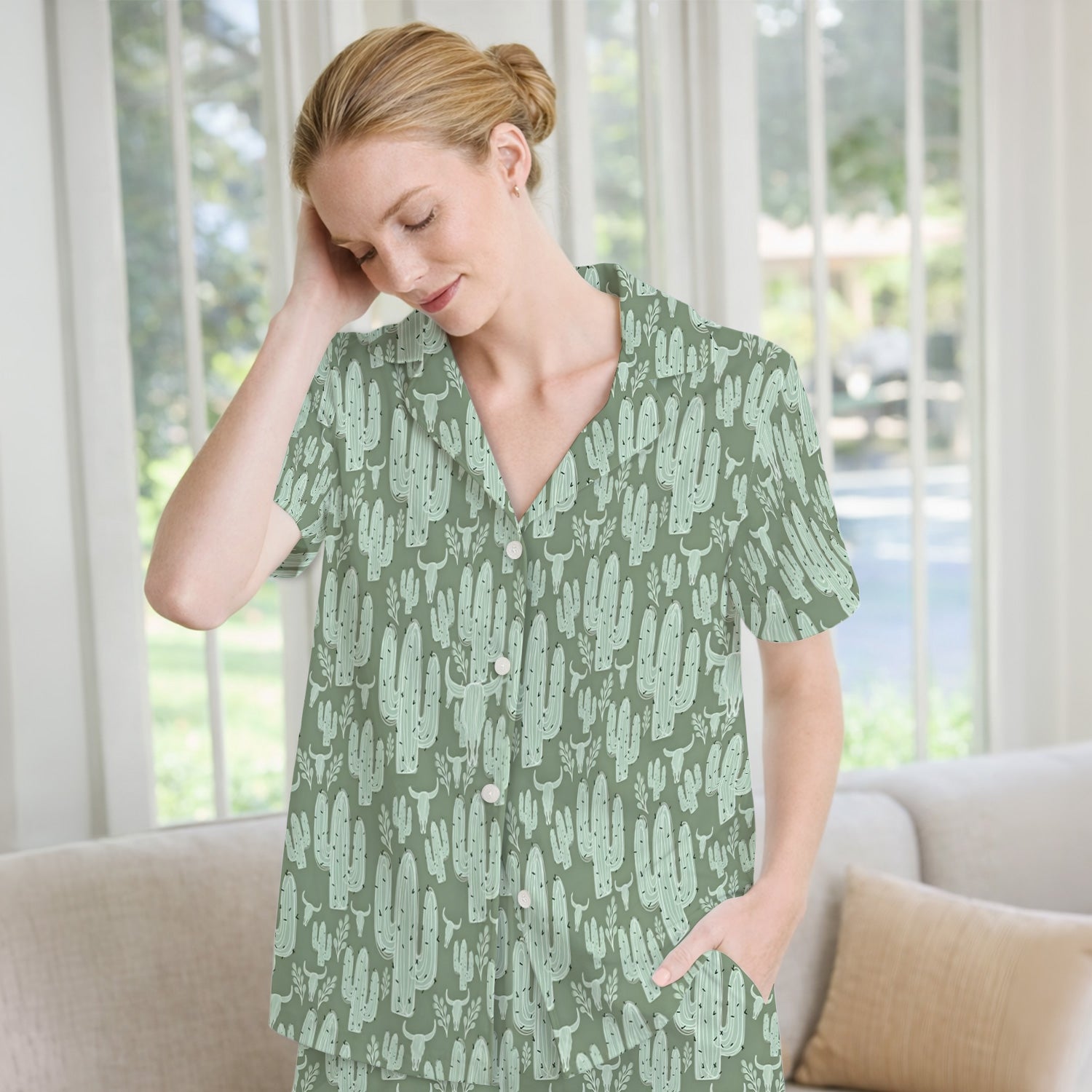 Funny Desert Cactus Skull Pattern Pajama Set, Soft Breathable Fabric Comfortable Sleepwear