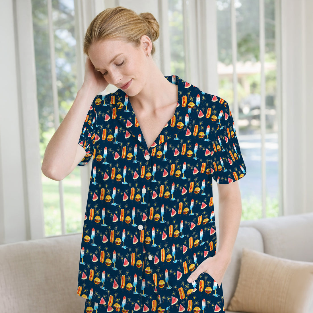 Funny Summer Food Icons Pattern Pajama Set, Soft Breathable Fabric Comfortable Sleepwear