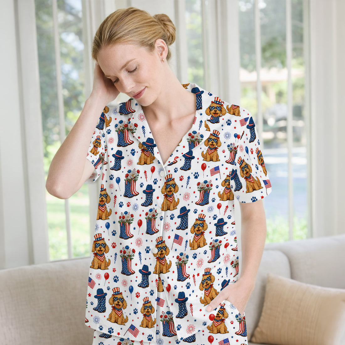 Patriotic Puppy Cowboy Boots Pattern Pajama Set, Soft Breathable Fabric Comfortable Sleepwear