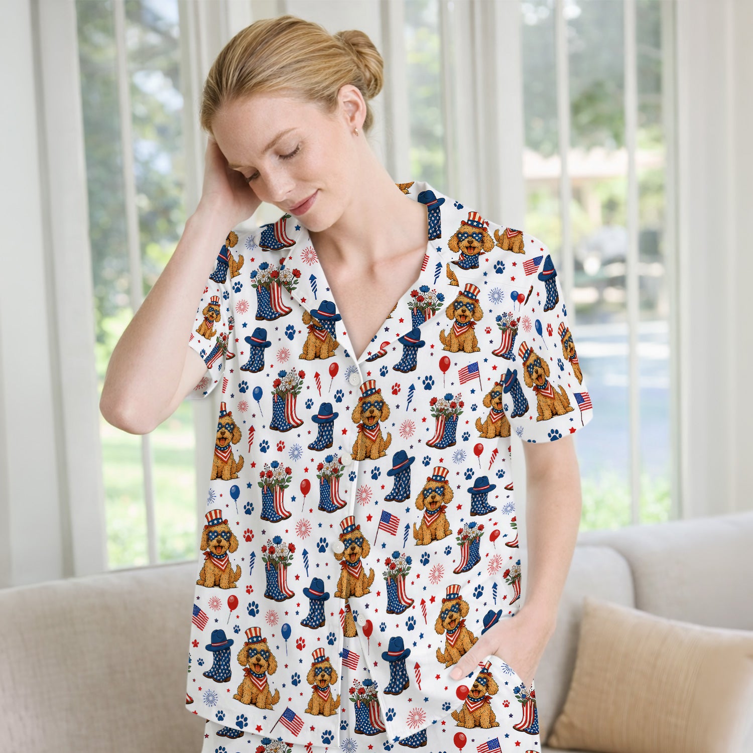 Patriotic Puppy Cowboy Boots Pattern Pajama Set, Soft Breathable Fabric Comfortable Sleepwear