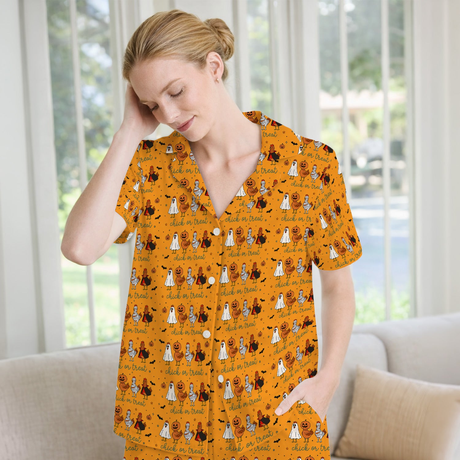 Funny Chick Or Treat Season Pajama Set, Soft Breathable Fabric Comfortable Sleepwear