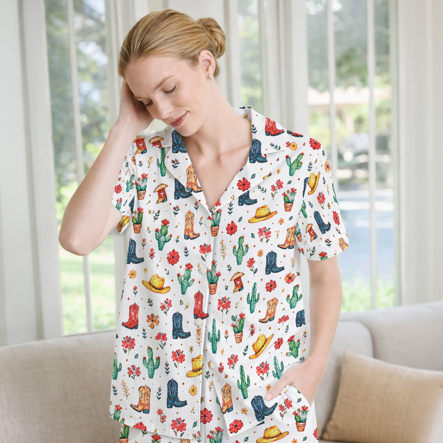Whimsical Western Cactus Boots Pattern Pajama Set, Soft Breathable Fabric Comfortable Sleepwear