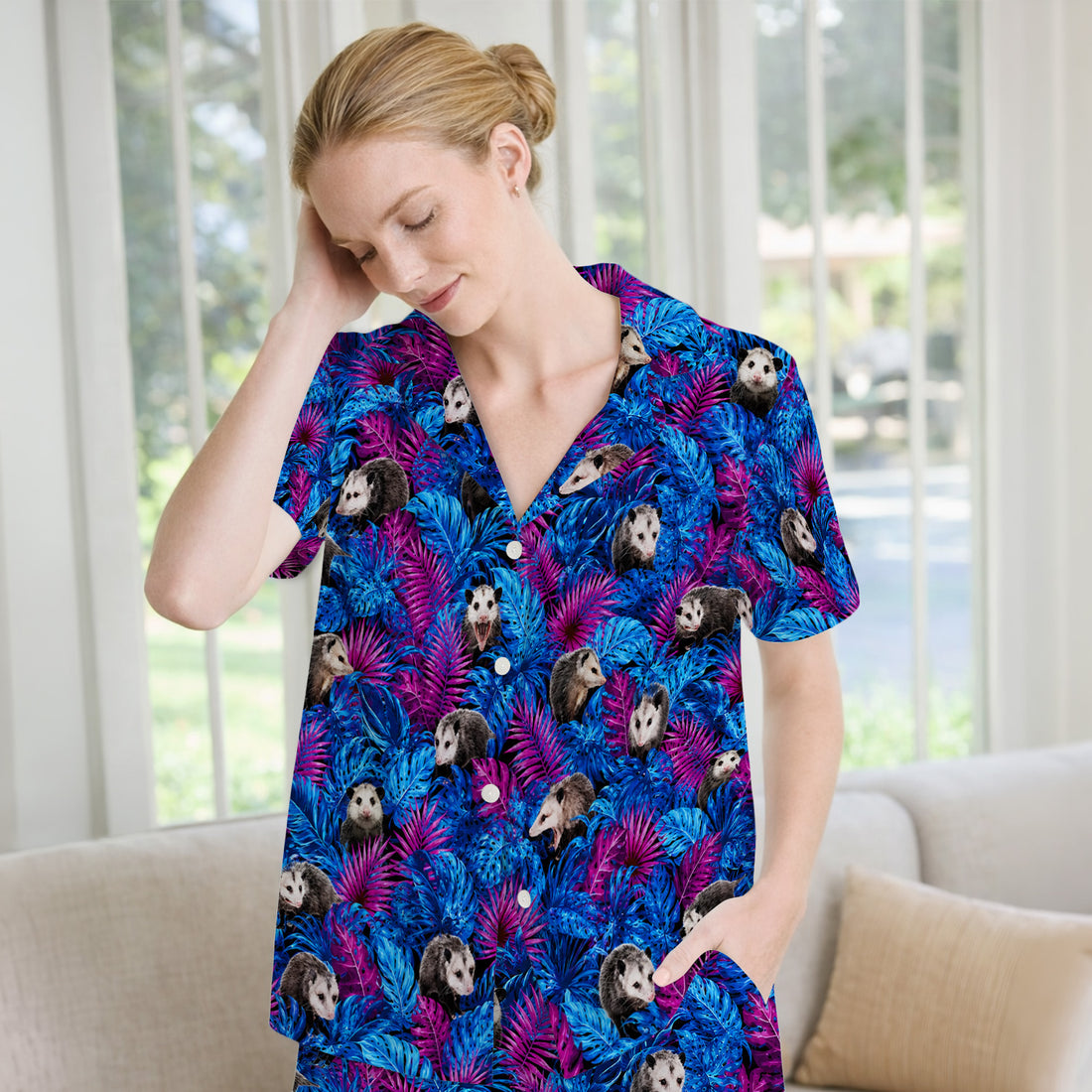 Cute Opossum Tropical Print Pajama Set, Soft Breathable Fabric Comfortable Sleepwear