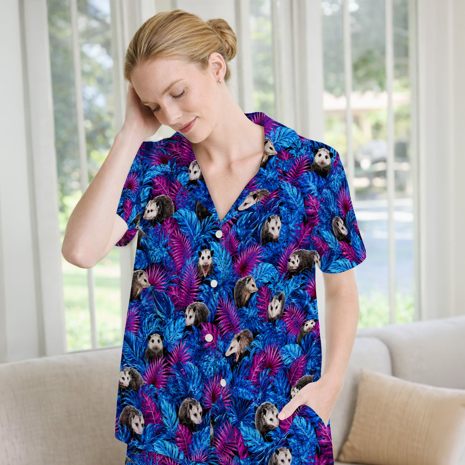 Cute Opossum Tropical Print Pajama Set, Soft Breathable Fabric Comfortable Sleepwear