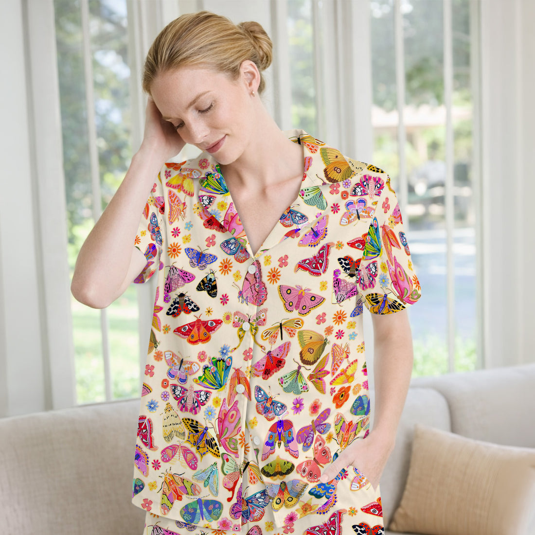Colorful Butterfly Floral Pattern Pajama Set, Soft Breathable Fabric Comfortable Sleepwear