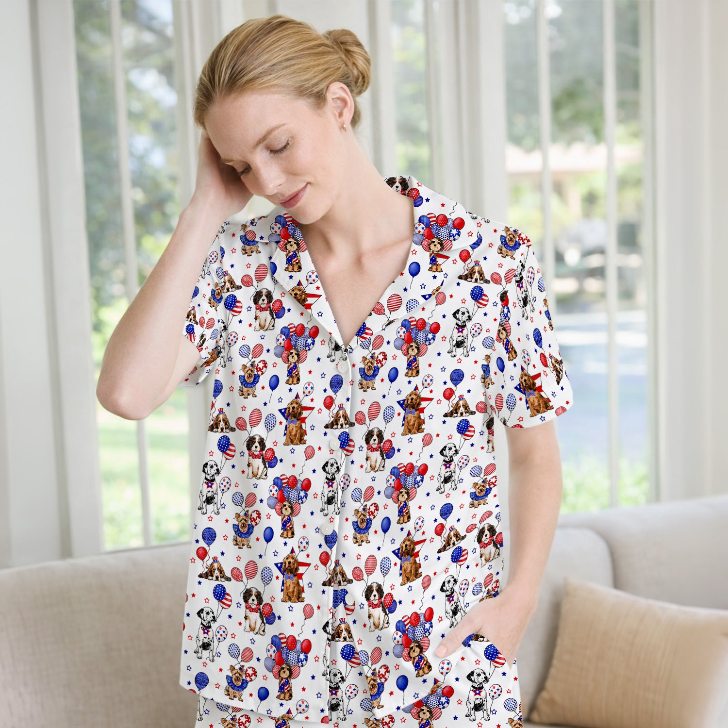 Patriotic Dogs With USA Flag Balloons Pattern Pajama Set, Soft Breathable Fabric Comfortable Sleepwear