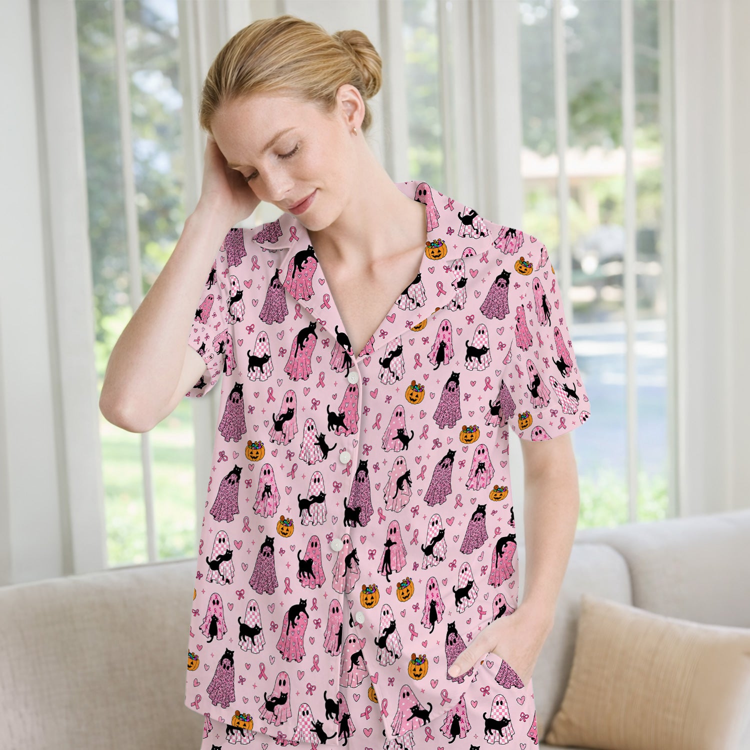 Breast Cancer Awareness Ghost Cat Pajama Set, Soft Breathable Fabric Comfortable Sleepwear