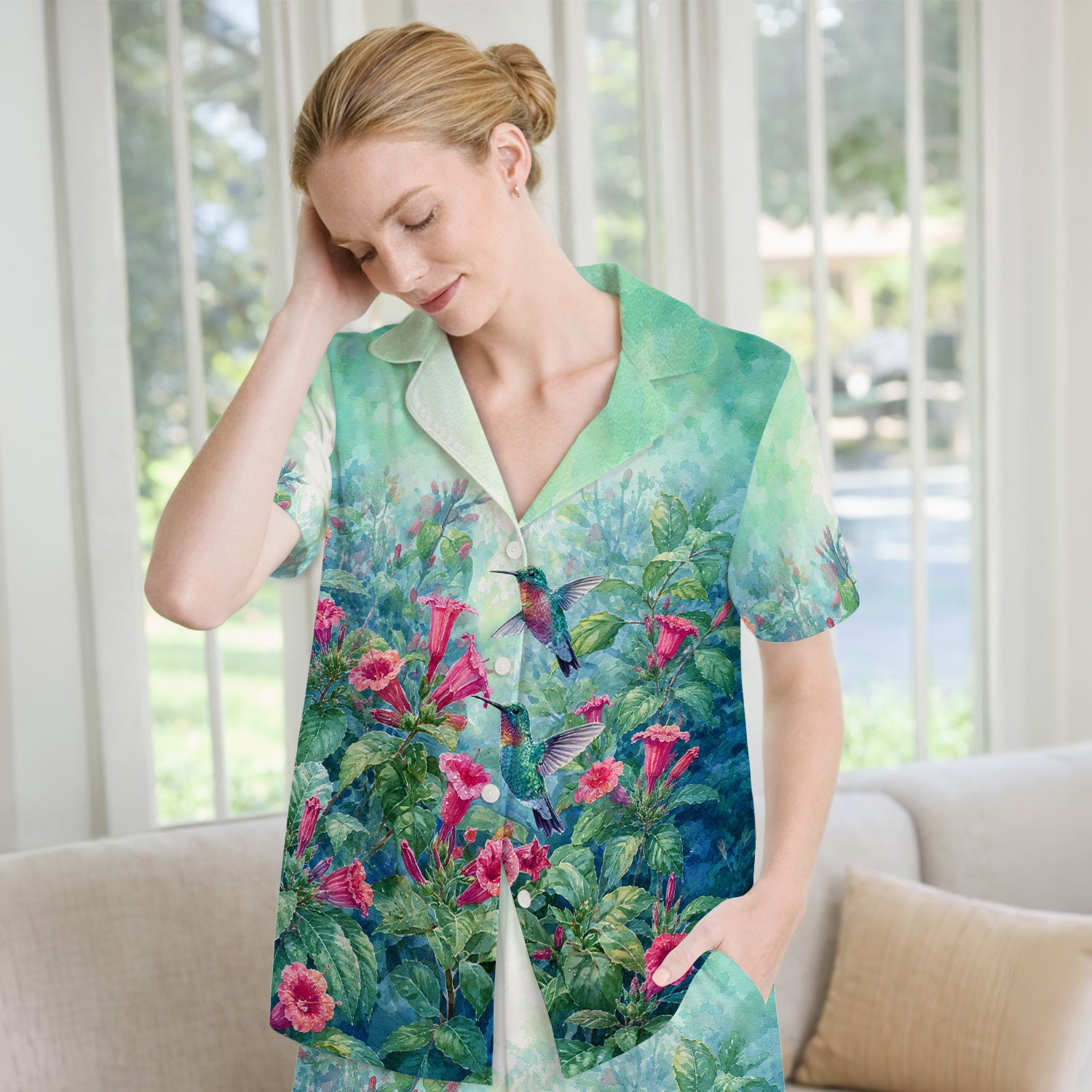 Vintage Hummingbird Floral Garden Pattern Pajama Set, Soft Breathable Fabric Comfortable Sleepwear