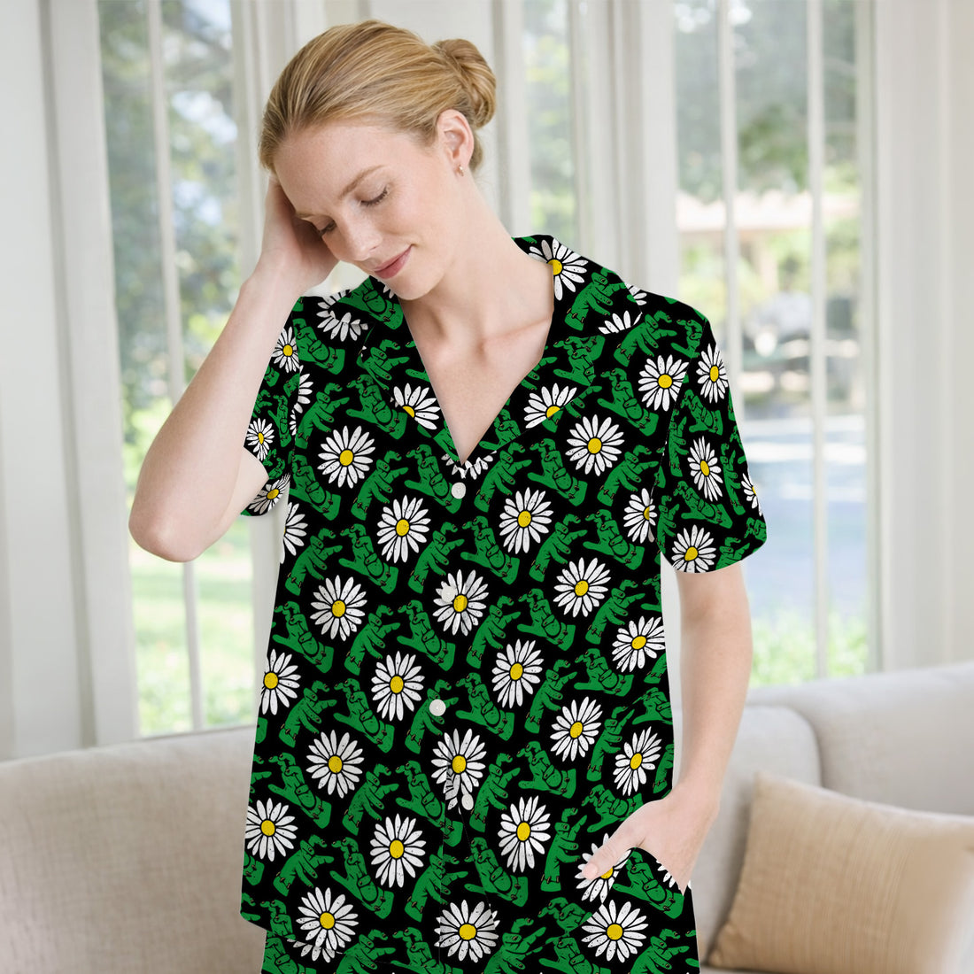 Halloween Monster And Daisies Pajama Set, Soft Breathable Fabric Comfortable Sleepwear