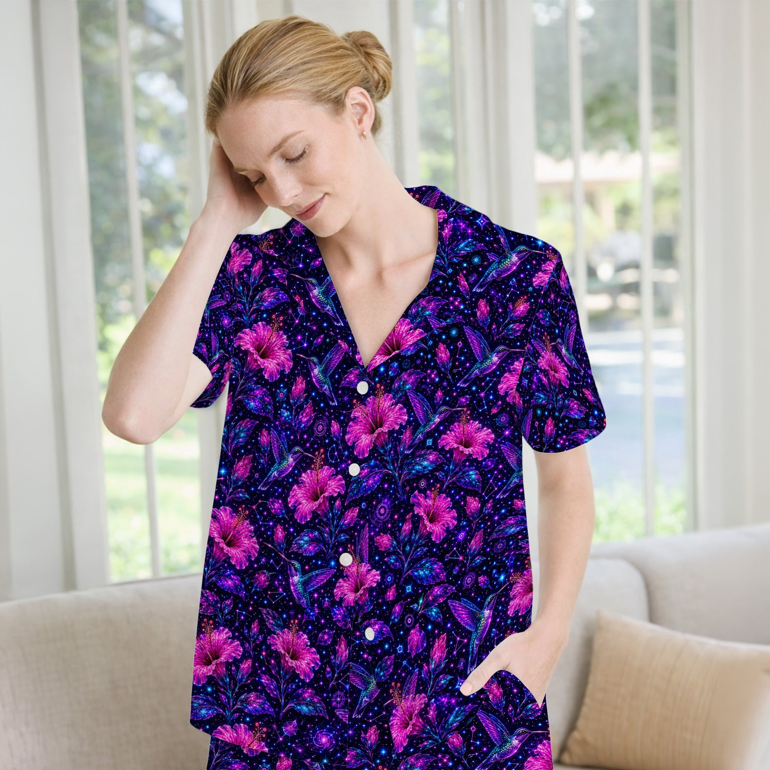 Galaxy Floral Hummingbird Nurse Pattern Pajama Set, Soft Breathable Fabric Comfortable Sleepwear