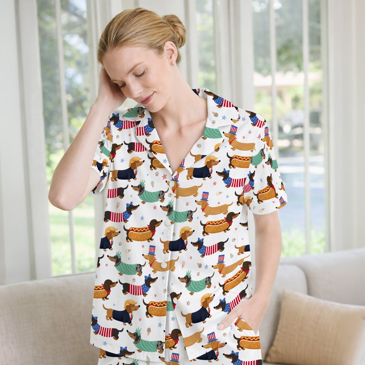 Funny Patriotic Dachshund Costume Dogs Pattern Pajama Set, Breathable Fabrics Uniform
