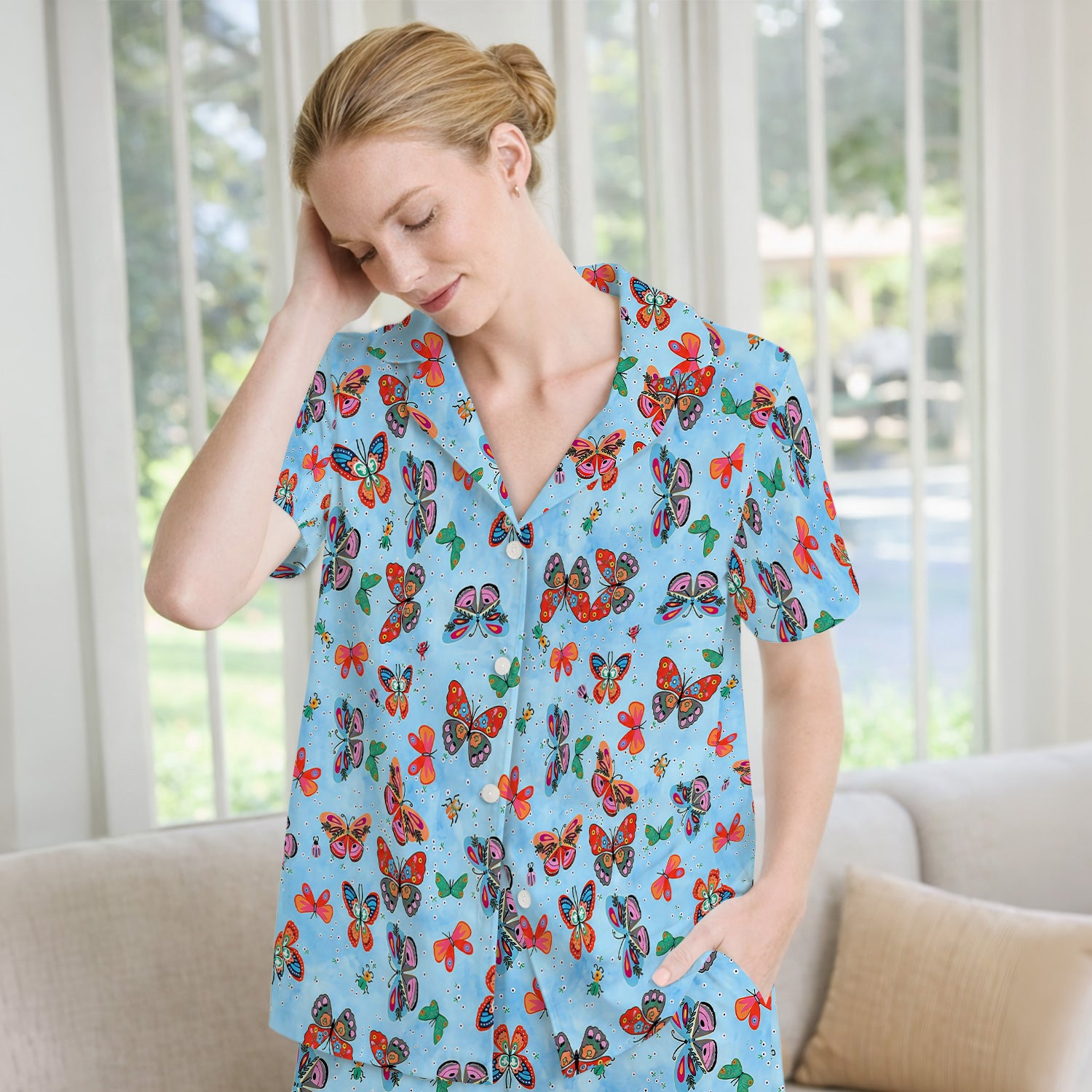 Colorful Butterfly Garden Pattern Pajama Set, Soft Breathable Fabric Comfortable Sleepwear