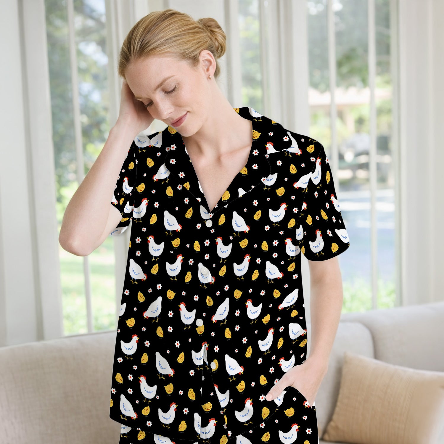 Chicken And Cute Chicks Pattern Pajama Set, Breathable Fabrics Uniform
