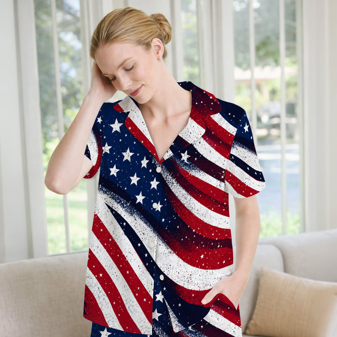 Festive American Flag Stars Pattern Pajama Set, Soft Breathable Fabric Comfortable Sleepwear