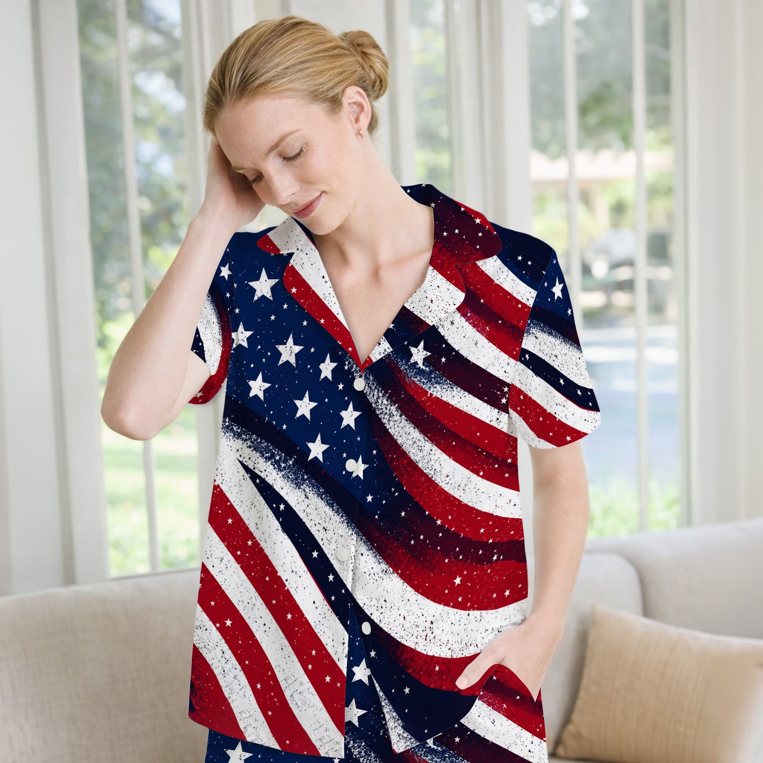 Festive American Flag Stars Pattern Pajama Set, Soft Breathable Fabric Comfortable Sleepwear