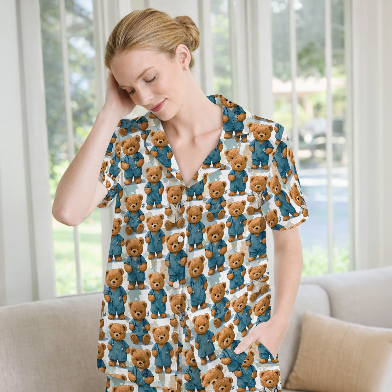 Teddy Bear Doctor Character Pattern Pajama Set, Breathable Fabrics Uniform