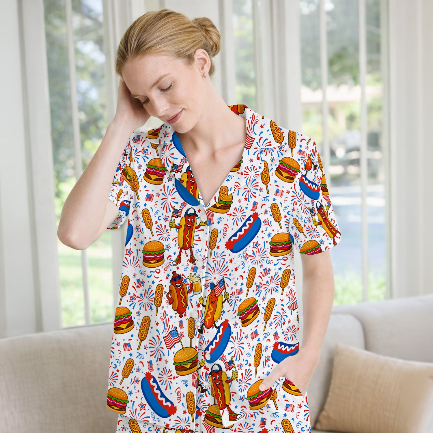 Patriotic Hot Dog Burger Fireworks Pajama Set, Soft Breathable Fabric Comfortable Sleepwear