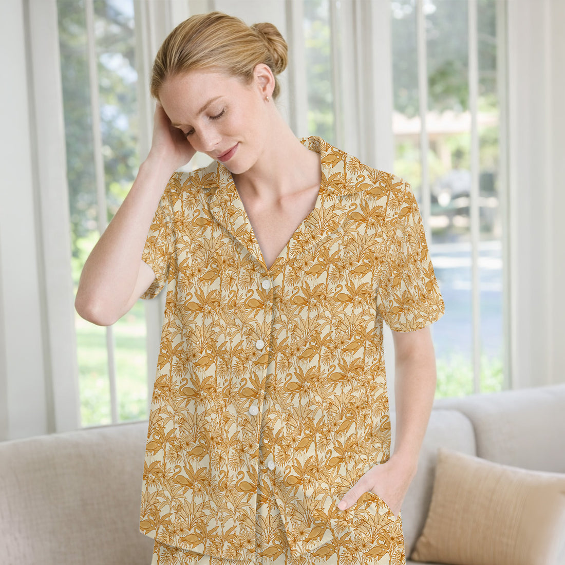 Tropical Flamingo Palm Leaves Pattern Pajama Set, Breathable Fabrics Uniform
