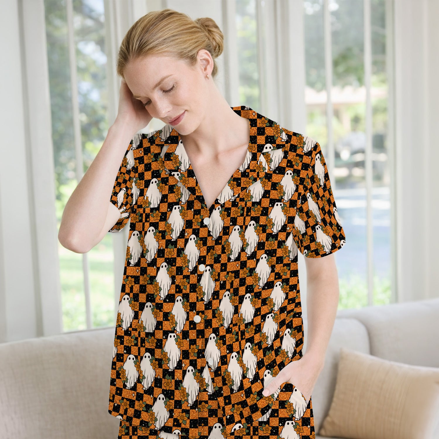 Spooky Halloween Ghost Checkerboard Pajama Set, Soft Breathable Fabric Comfortable Sleepwear
