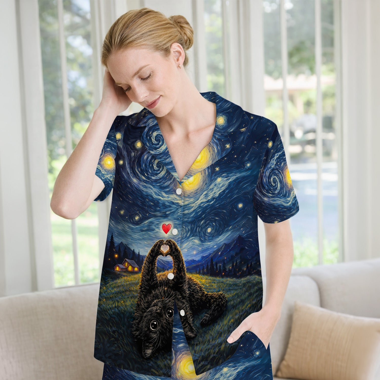 Starry Night Black Cat Heart Art  Pajama Set, Breathable Fabrics Uniform