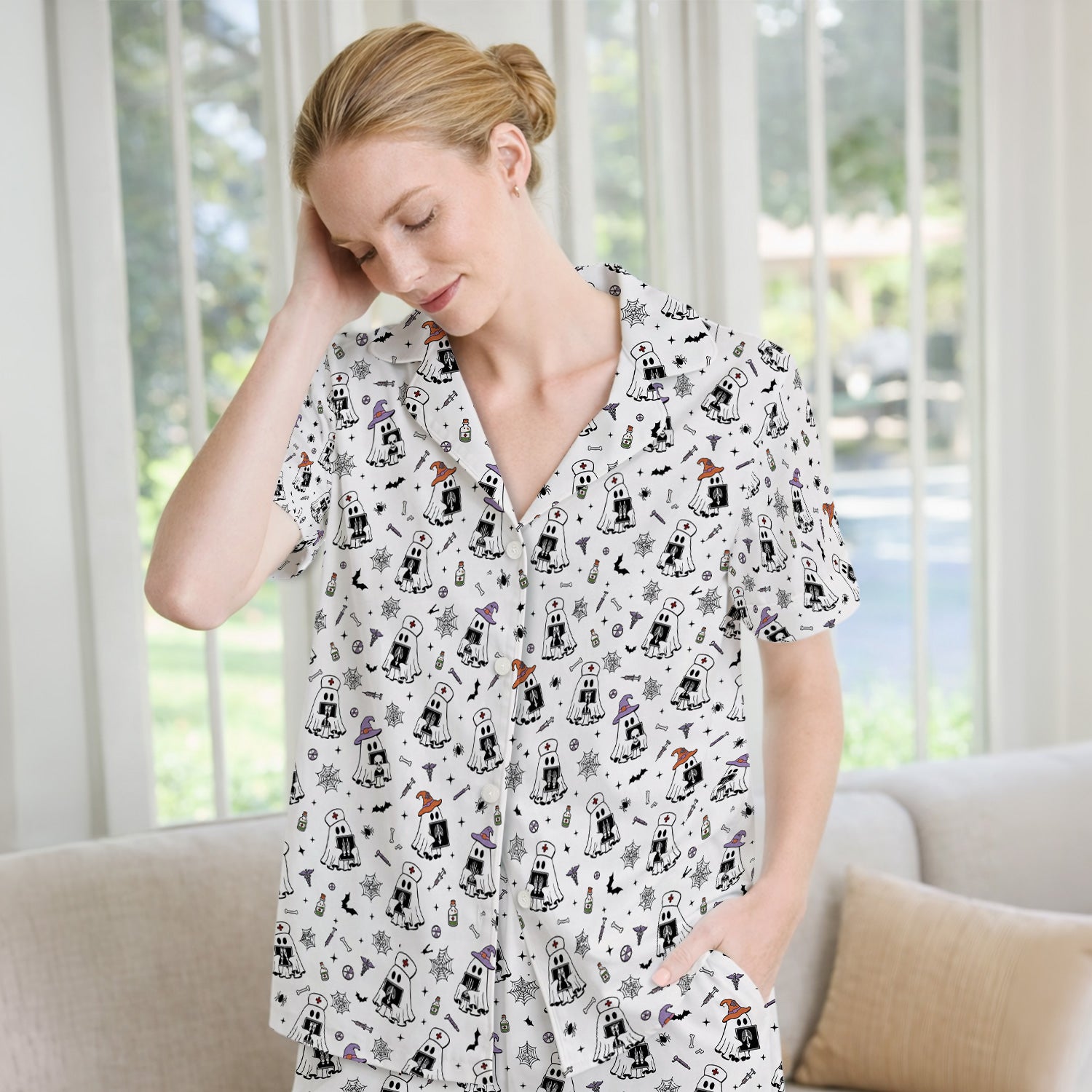 Halloween Ghost Nurses With X-Rays Pajama Set, Soft Breathable Fabric Comfortable Sleepwear