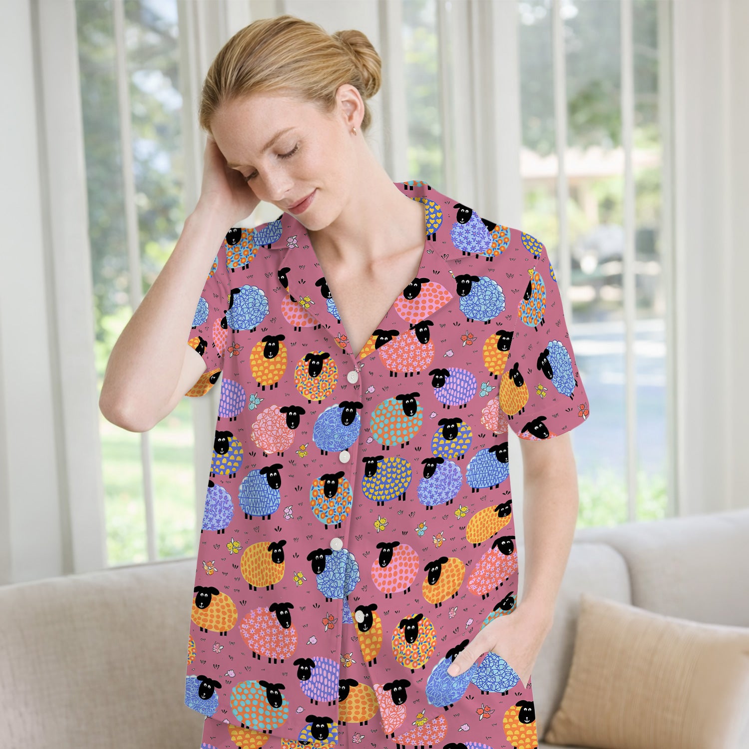 Funny Colorful Sheep Pattern Pajama Set, Breathable Fabrics Uniform