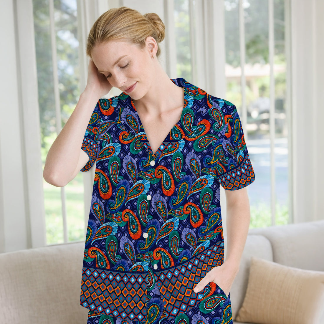 Colorful Paisley Geometric Border Pattern Pajama Set, Soft Breathable Fabric Comfortable Sleepwear