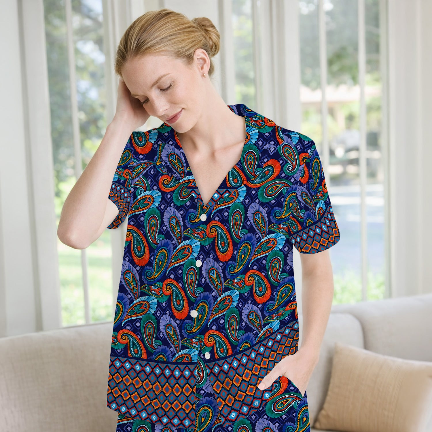 Colorful Paisley Geometric Border Pattern Pajama Set, Soft Breathable Fabric Comfortable Sleepwear