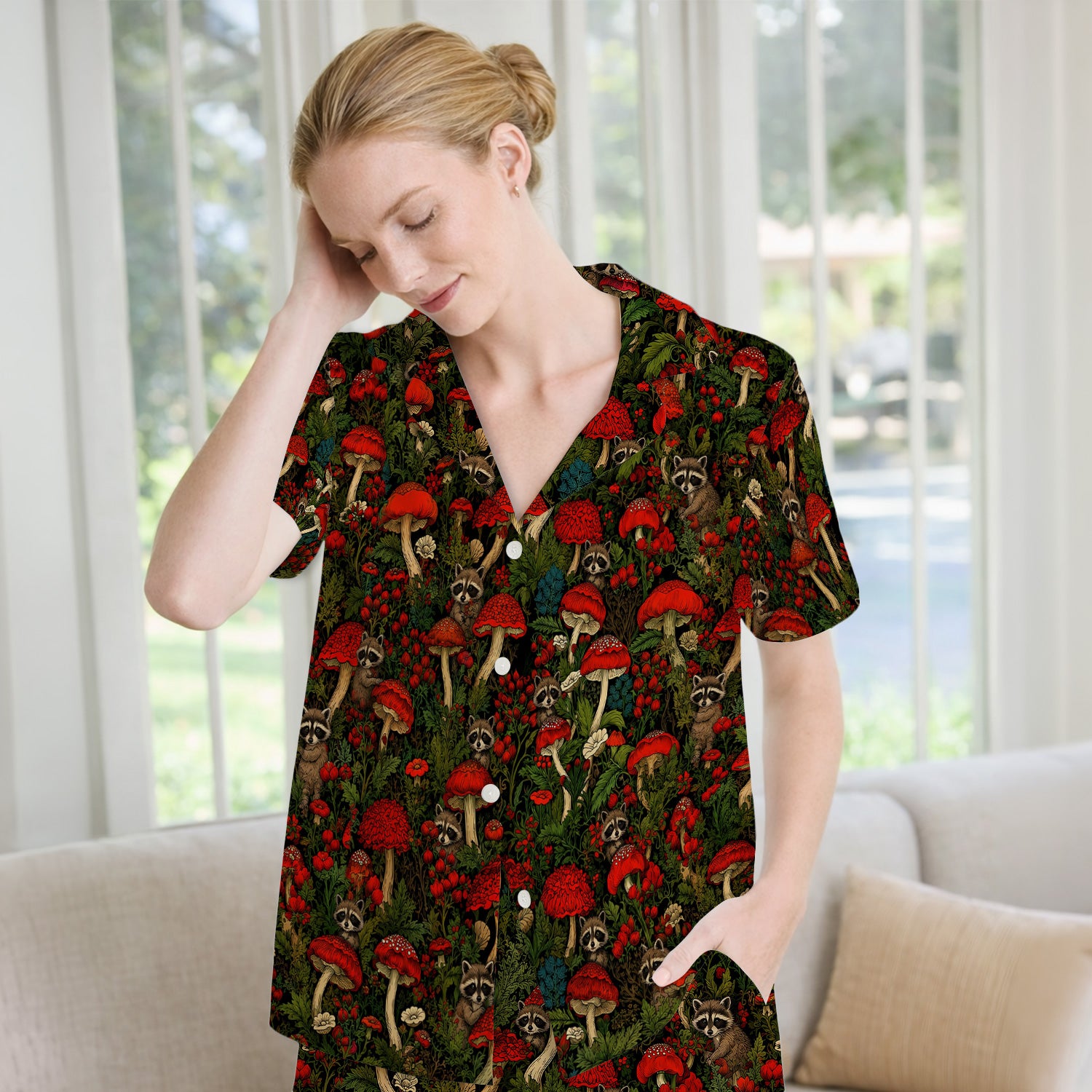 Woodland Raccoon Red Mushroom Pattern Pajama Set, Soft Breathable Fabric Comfortable Sleepwear
