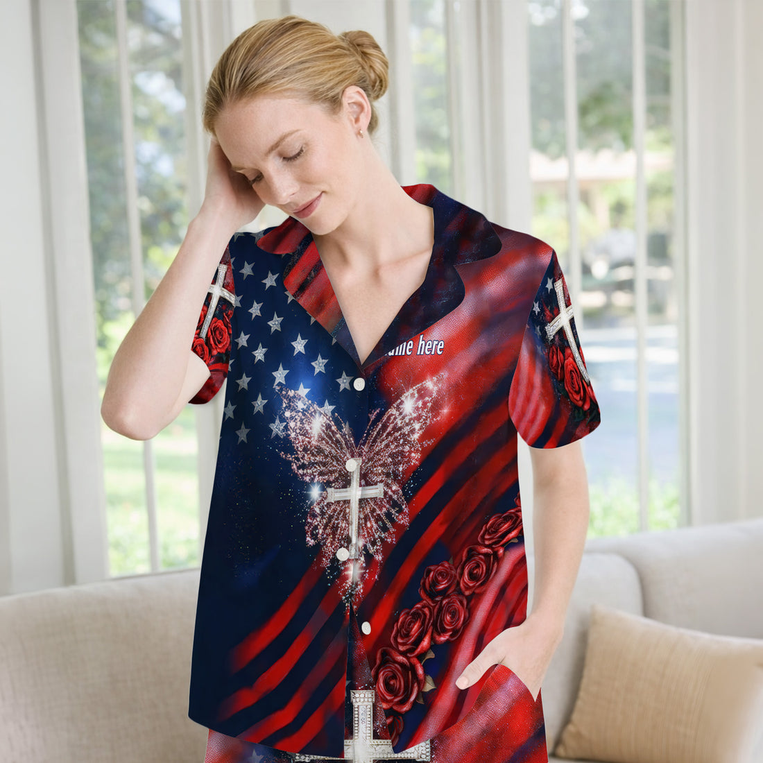 Custom Name Patriotic Cross Butterfly Rose Print Pajama Set, Soft Breathable Fabric Comfortable Sleepwear