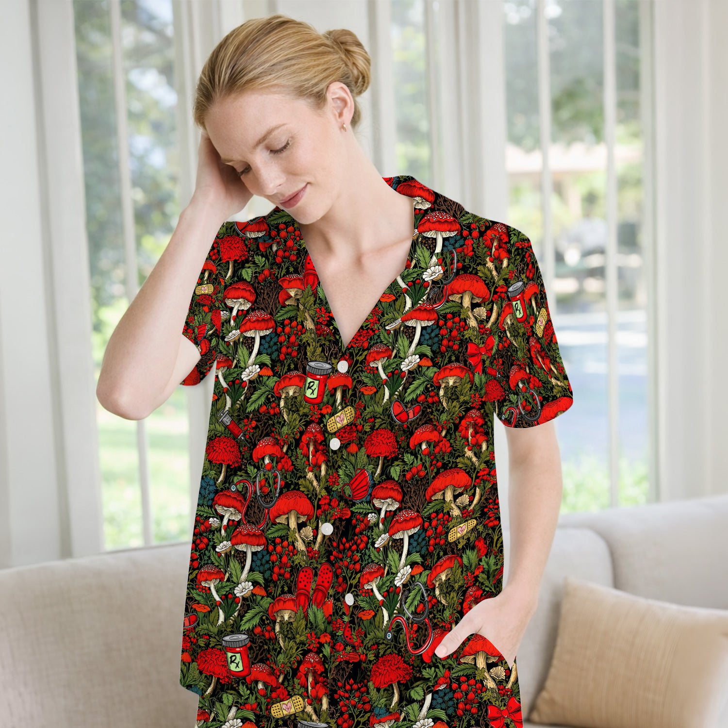 Red Mushroom Medical Forest Pattern Pajama Set, Soft Breathable Fabric Comfortable Sleepwear