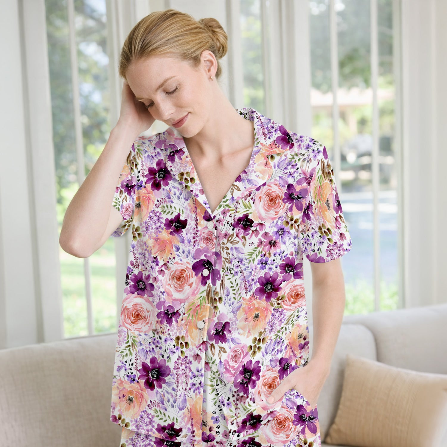 Elegant Watercolor Floral Bloom Pajama Set, Soft Breathable Sleepwear