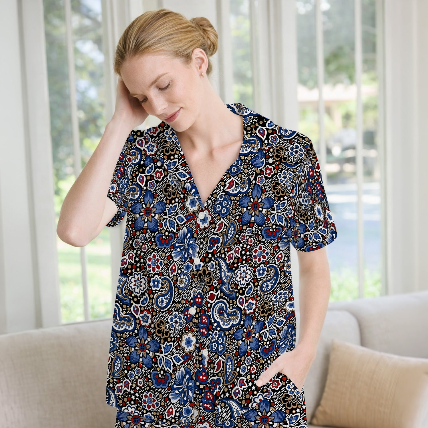 Classic Paisley Floral Pattern Pajama Set, Soft Breathable Fabric Comfortable Sleepwear