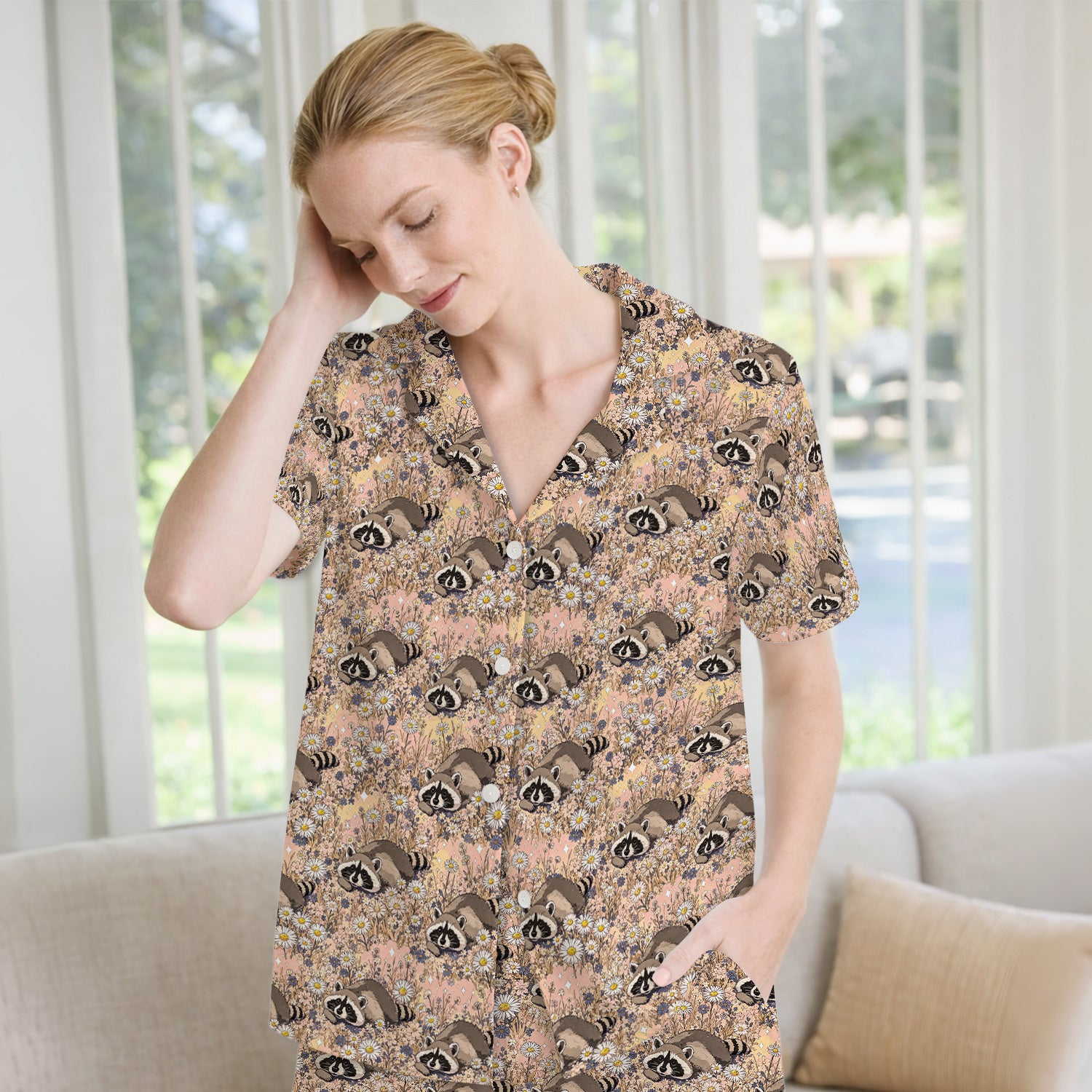 Cute Raccoon Wildflower Meadow Pattern Pajama Set, Soft Breathable Fabric Comfortable Sleepwear