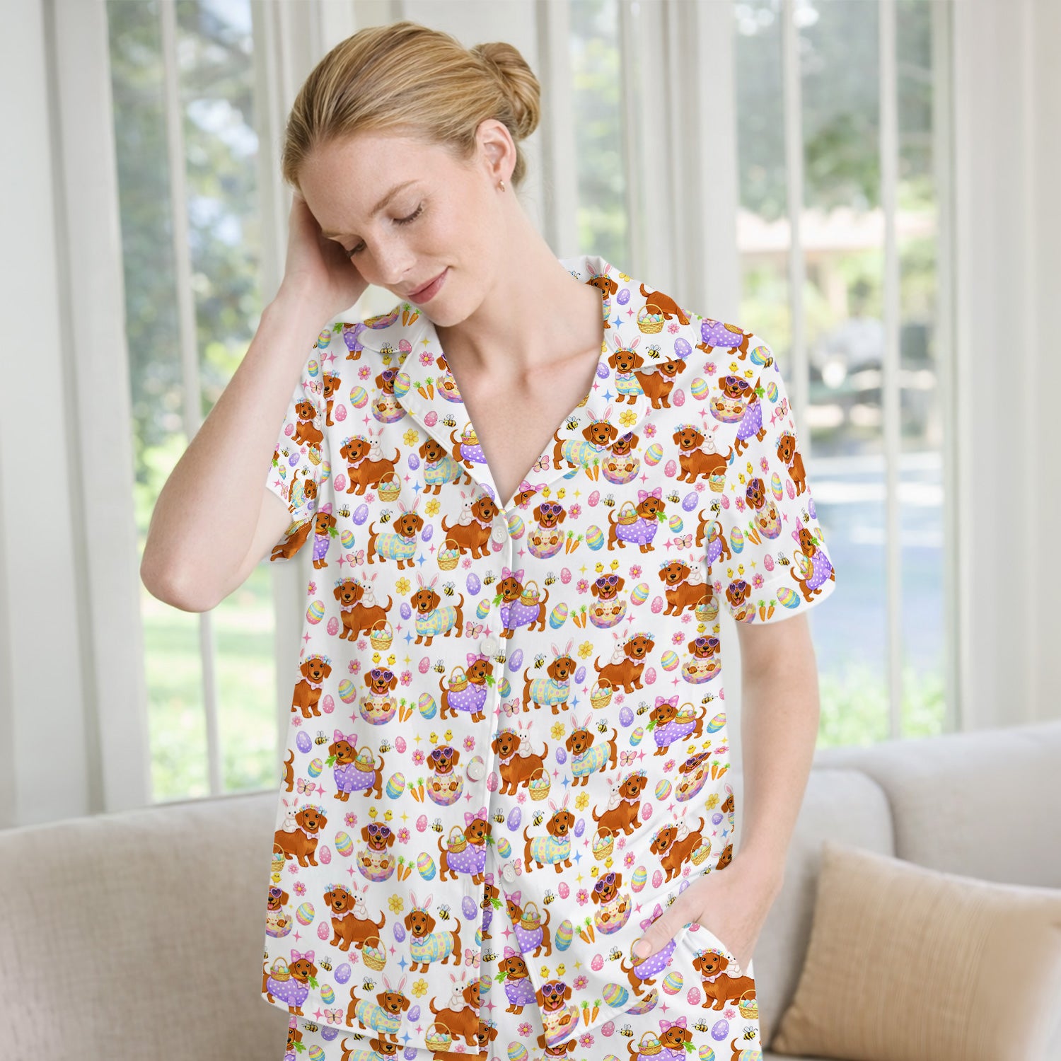 Cute Easter Dachshund Dog Pattern Pajama Set, Breathable Fabrics Uniform