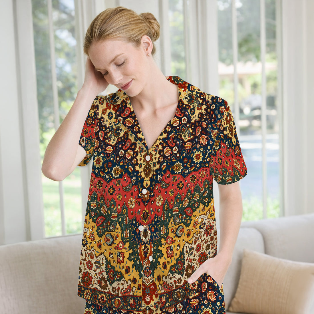 Vintage Persian Rug Floral Pattern Pajama Set, Soft Breathable Fabric Comfortable Sleepwear