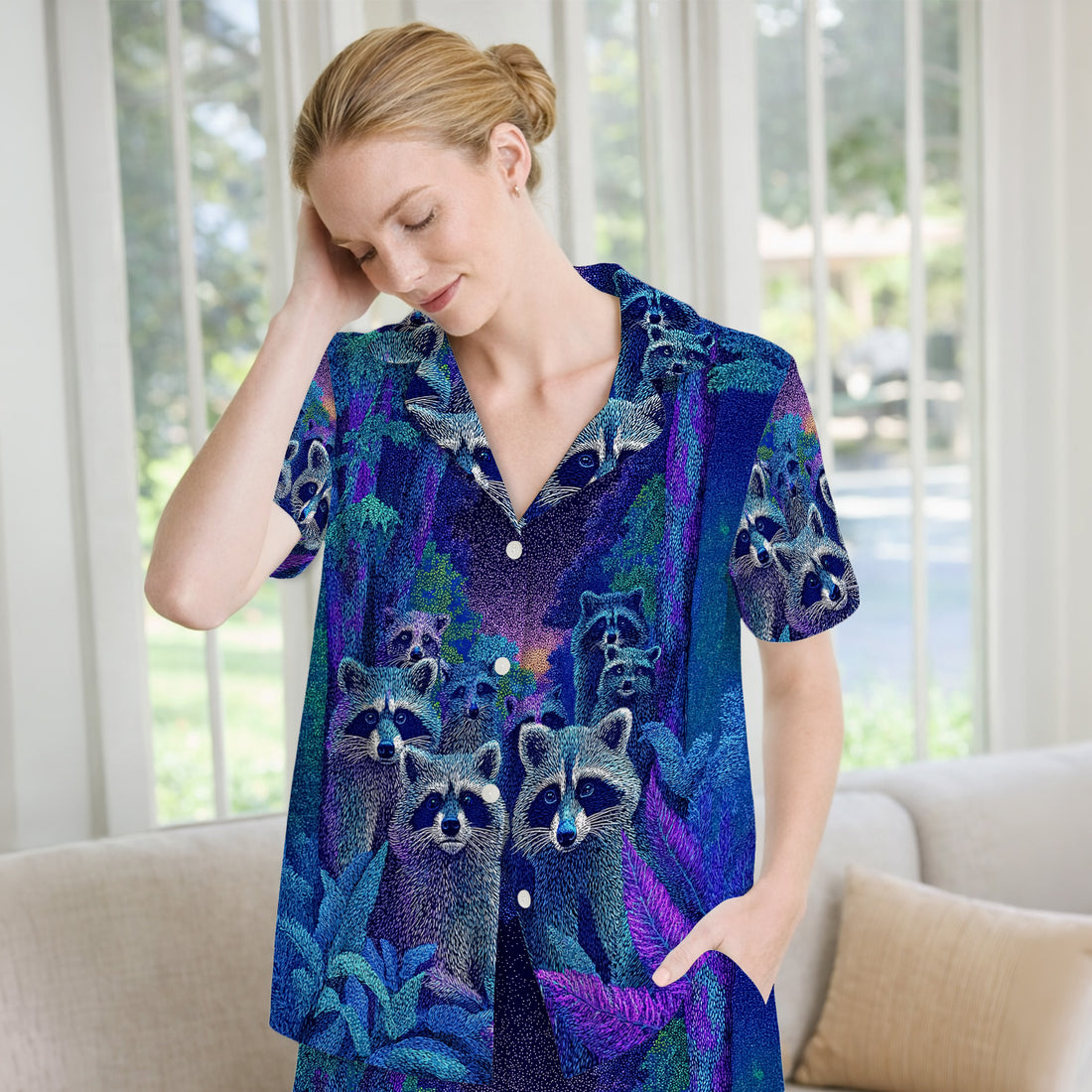 Moonlit Raccoon Pattern Pajama Set, Soft Breathable Fabric Comfortable Sleepwear