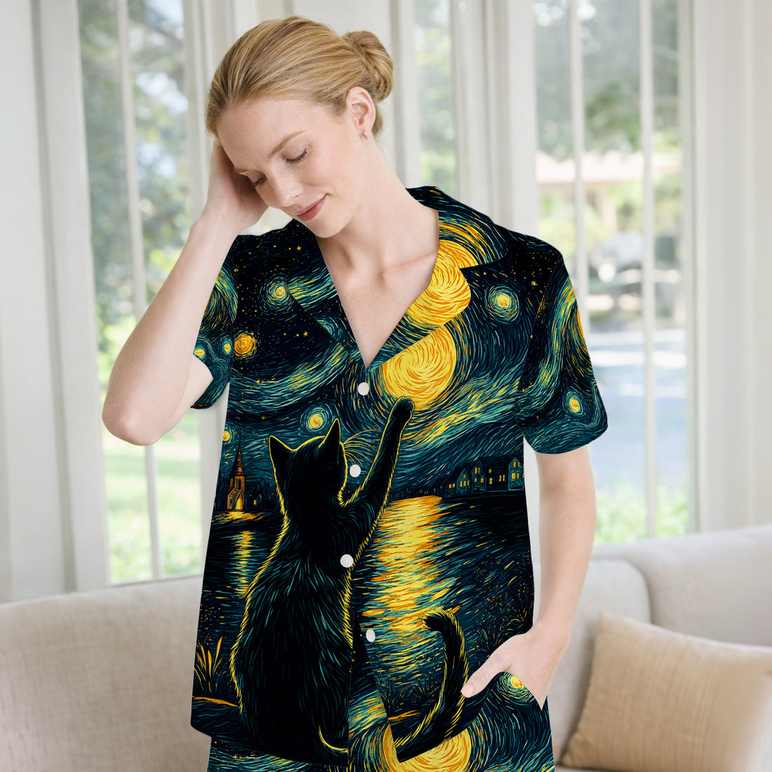 Starry Moonlit Black Cat Pajama Set, Soft Breathable Fabric Comfortable Sleepwear