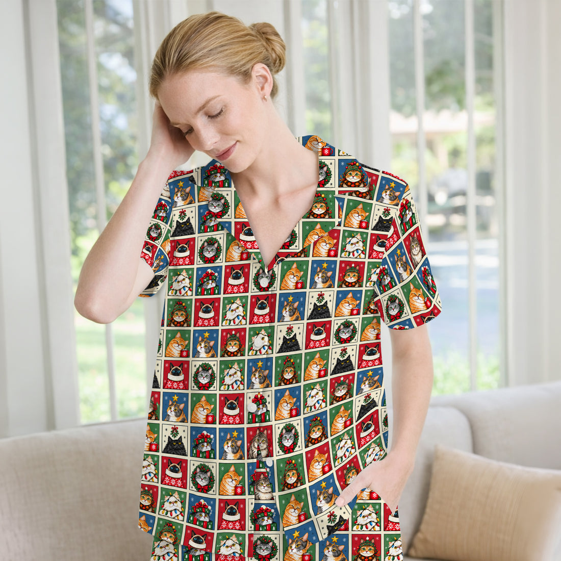 Cute Christmas Cat Patchwork Pajama Set, Soft Breathable Fabric Comfortable Sleepwear
