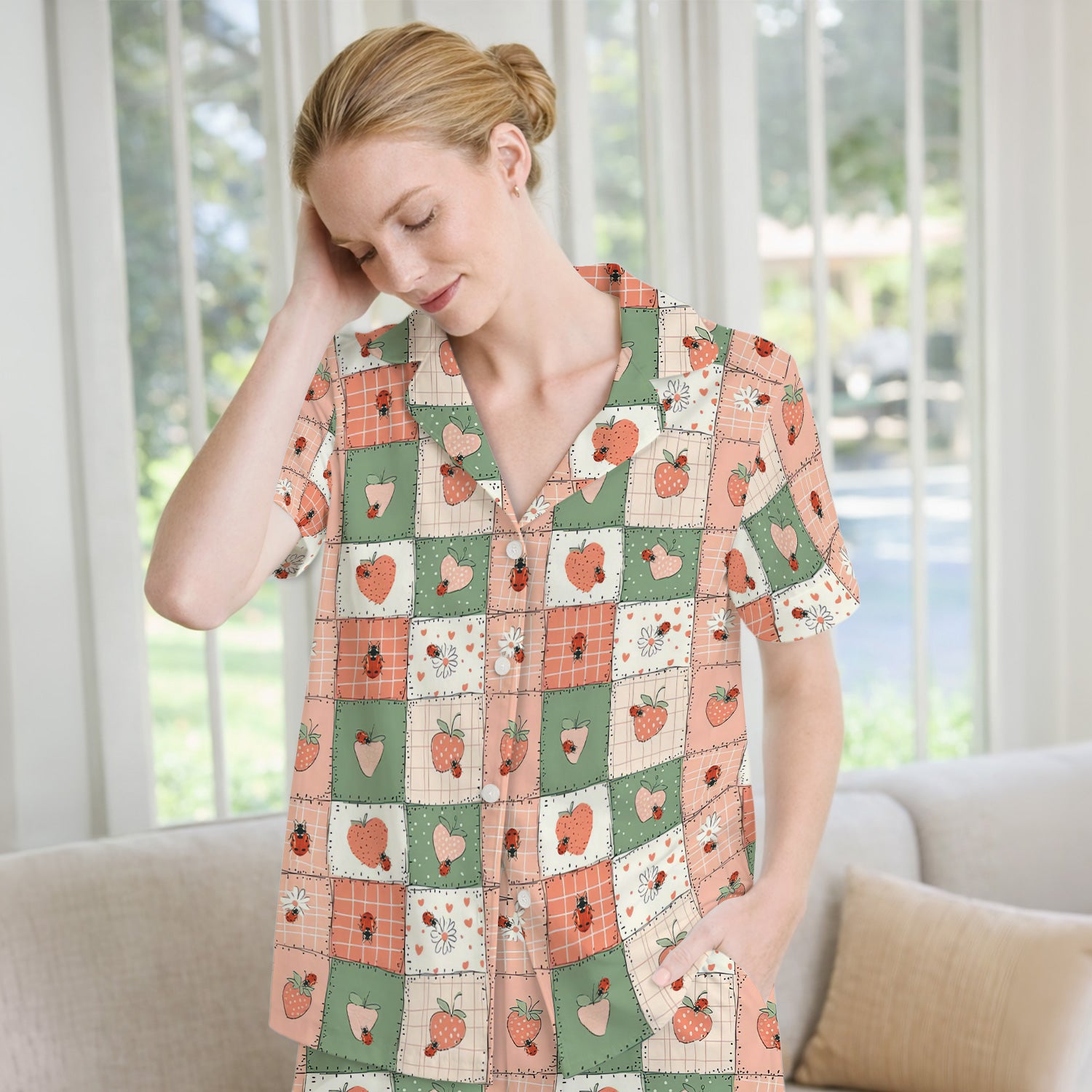 Strawberry Ladybug Patchwork Pattern Pajama Set, Soft Breathable Fabric Comfortable Sleepwear
