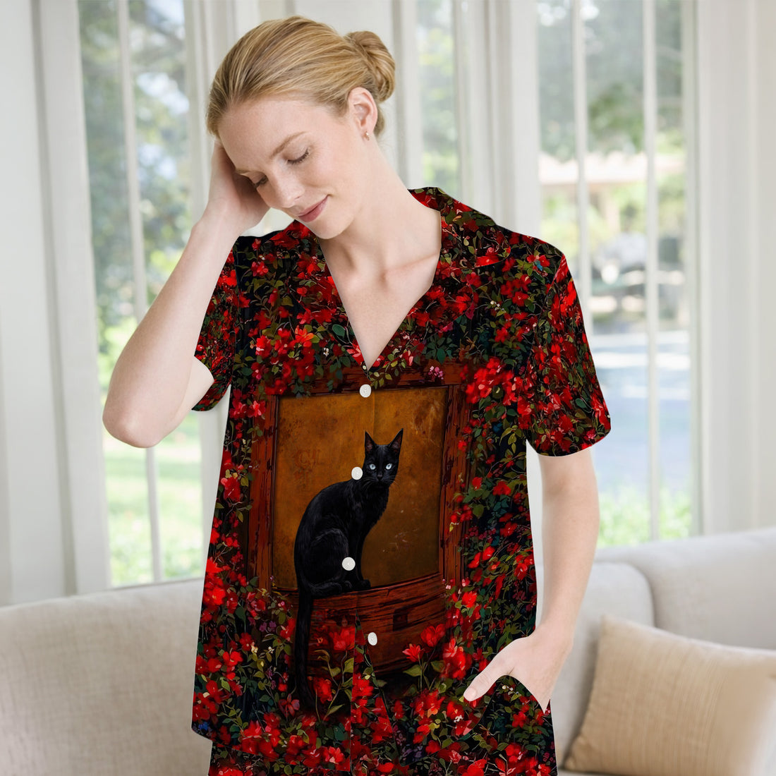 Black Cat Sitting By Red Floral Garden Window Pajama Set, Breathable Fabrics Uniform