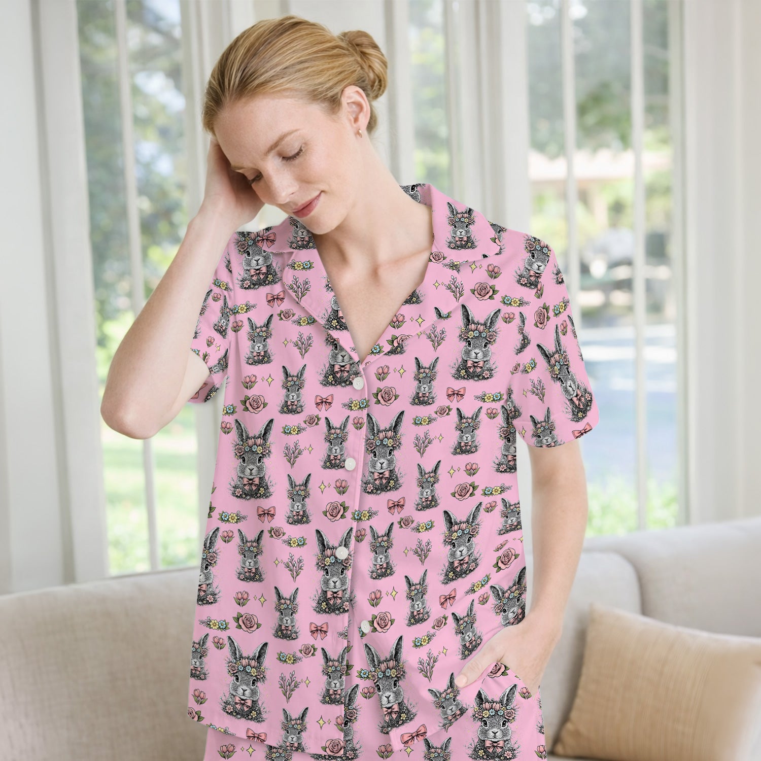 Easter Vintage Floral Bunny Print Pajama Set, Breathable Fabrics Uniform