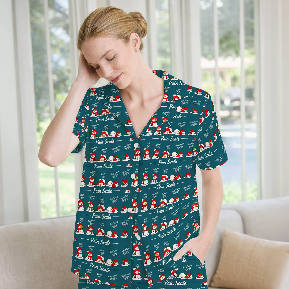 Funny Christmas Snowman Pain Scale Pajama Set, Breathable Fabrics Uniform