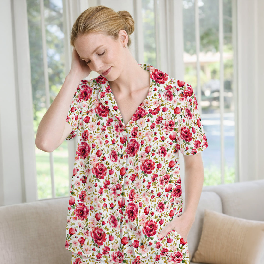 Pink Rose Ladybug Garden Pattern Pajama Set, Soft Breathable Fabric Comfortable Sleepwear