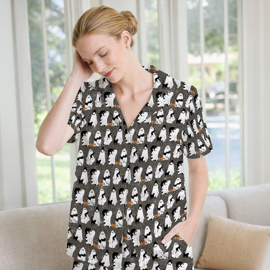 Black Cat and Ghost Print Pajama Set, Soft Breathable Fabric Comfortable Sleepwear