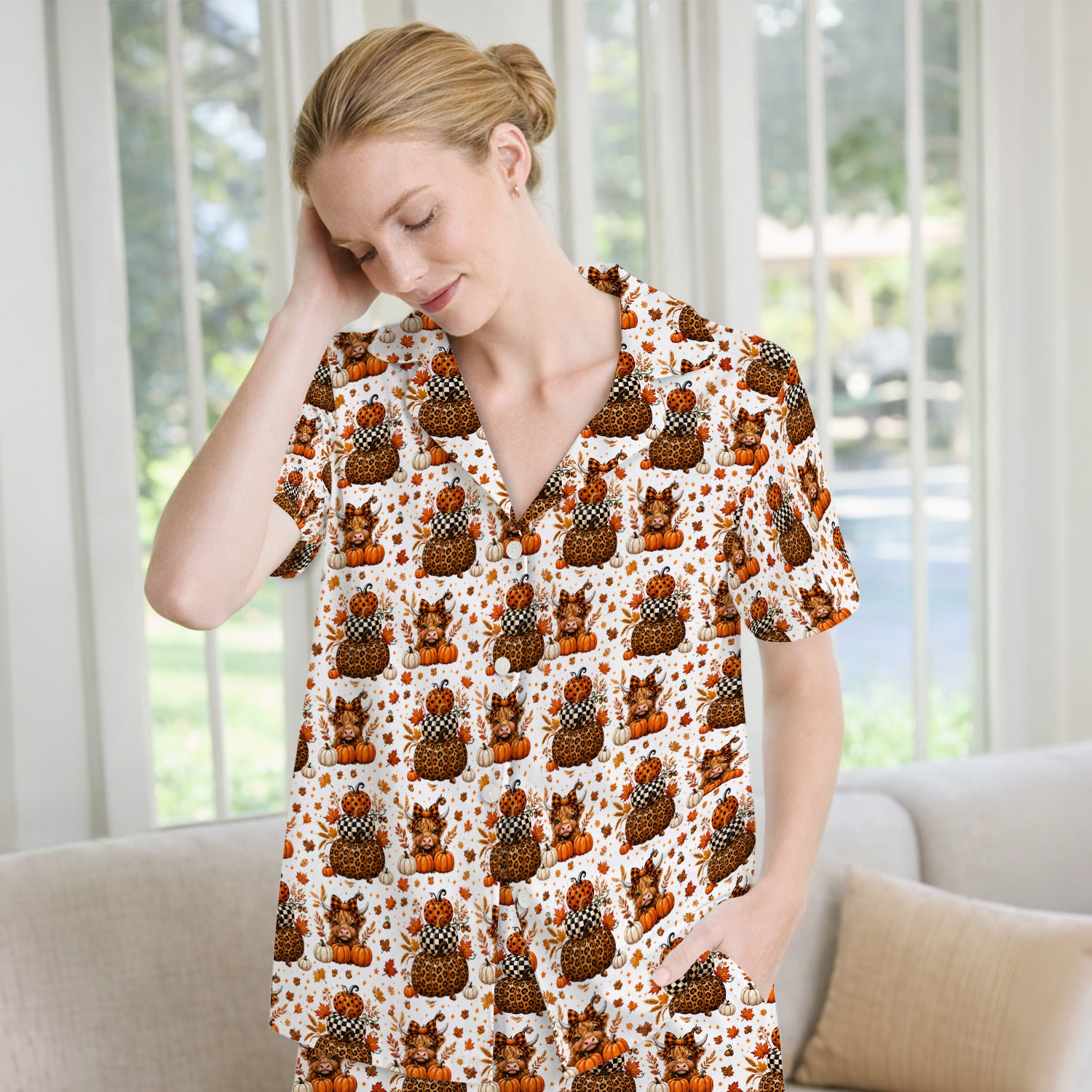 Fall Highland Cow Pattern Pajama Set, Soft Breathable Fabric Comfortable Sleepwear
