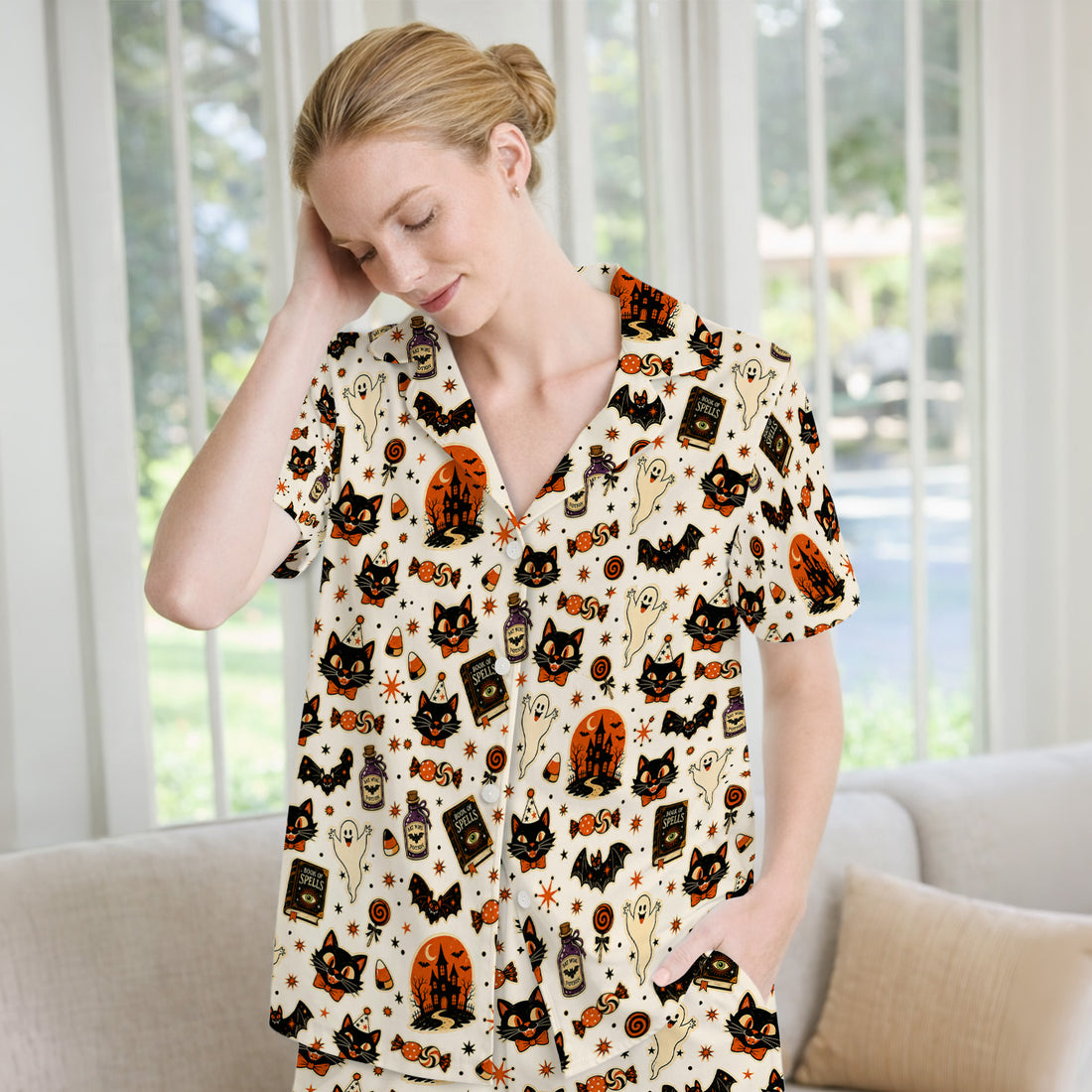 Halloween Black Cat with Ghost Candy Print Pajama Set, Soft Breathable Fabric Comfortable Sleepwear