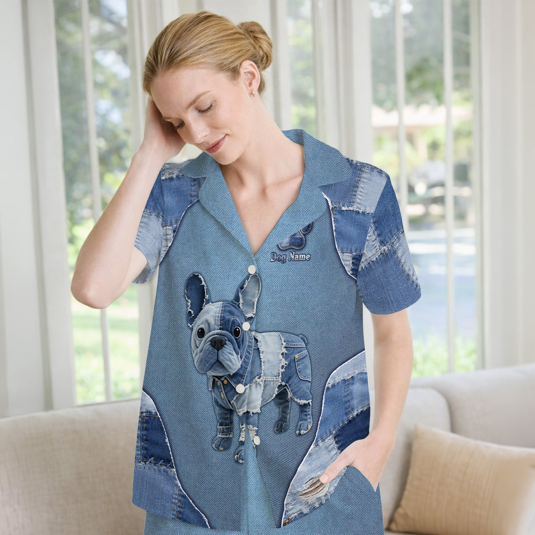 Custom Dog Name Denim French Bulldog Pajama Set, Breathable Fabrics Uniform