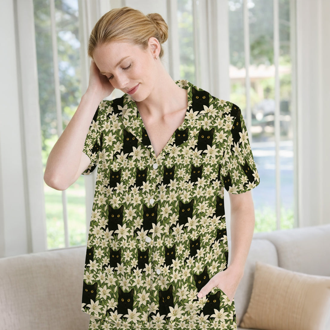 Black Cat Hidden In Lily Garden Pattern Pajama Set,  Breathable Fabrics Uniform